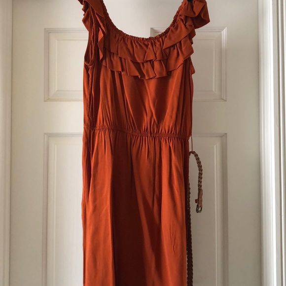 burnt orange off shoulder dress